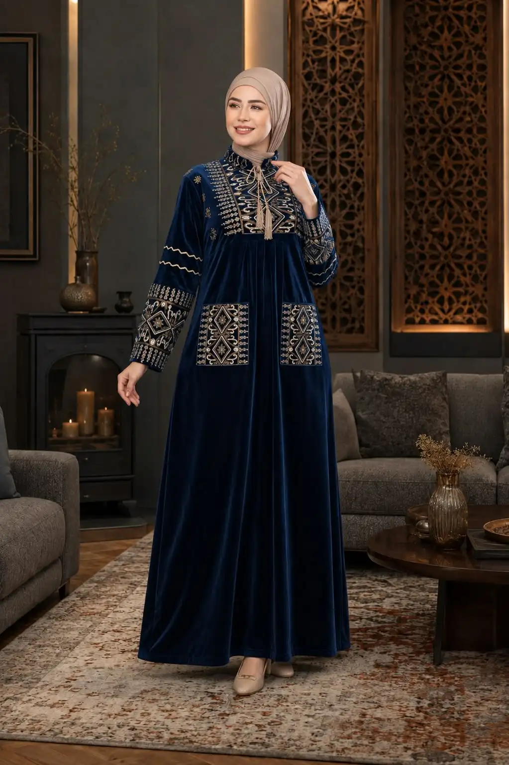جلابية مخمل كحلية طويلة بتطريز تراثي بيج على الصدر والأكمام وجيبين مربعين مطرزين