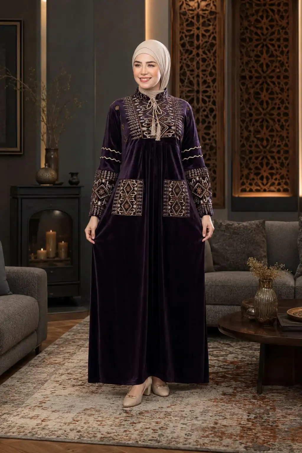 جلابية مخمل باذنجانية طويلة بتطريز تراثي بيج على الصدر والأكمام وجيبين مربعين مطرزين